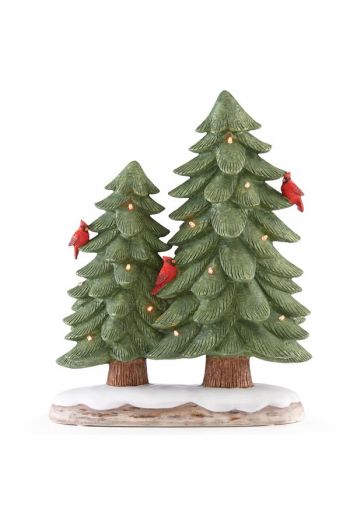 Lenox Lighted Back Country Evergreen Trees with Cardinals Figurine 