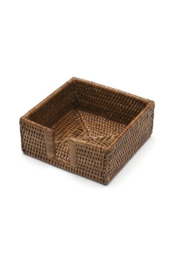 Caspari Rattan Cocktail Napkin Holder in Dark Natural - 6" Sq. x 2.2" H
