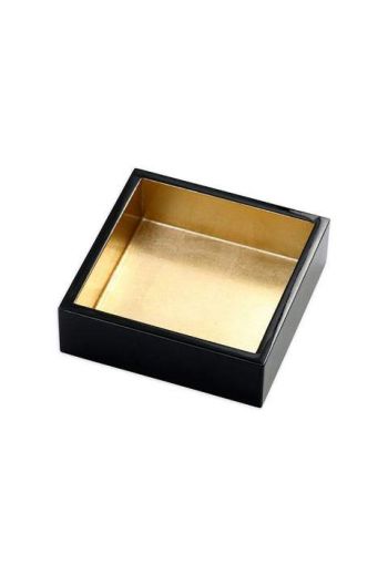 Caspari Lacquer Cocktail Napkin Holder in Black & Gold - 6" Sq. x 2.2" H