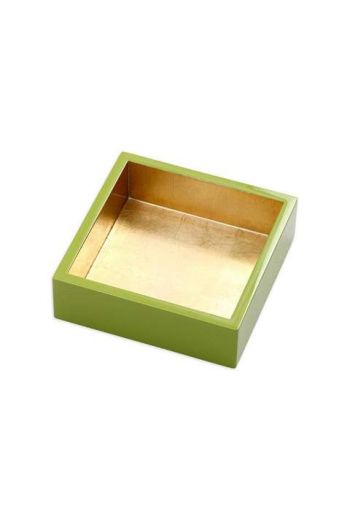 Caspari Lacquer Cocktail Napkin Holder in Sage & Gold - 6" Sq. x 2.2" H
