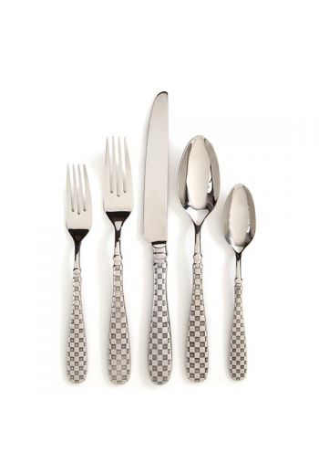 MacKenzie-Childs Check Flatware - 5-Piece Place Setting - Set includes 1 dinner spoon, 1 teaspoon, 1 dinner knife, 1 dinner fork, and 1 salad fork.