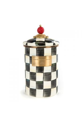 MacKenzie-Childs Courtly Check Enamel Large Canister - 5" dia., 7" tall (9.75" tall with lid), 64 oz. capacity