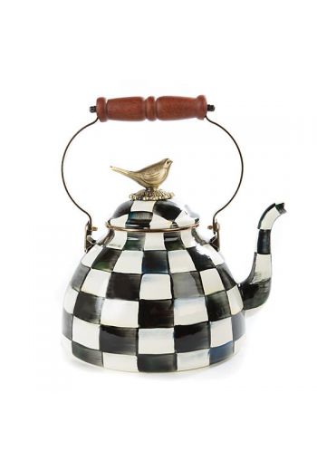 MacKenzie-Childs Courtly Check Enamel 3 Qt. Tea Kettle with Bird - 9" dia., 13" tall