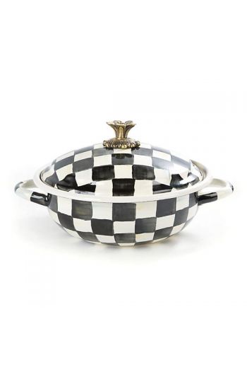 MacKenzie-Childs Courtly Check Enamel Medium Casserbole -10.25" dia., 12.5" wide, 6.5" tall, 10 cups capacity