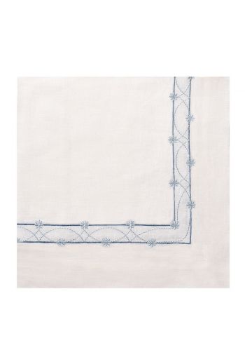 White Napkin with Blue Parallel Floral Embroidery