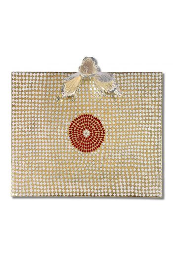 Mirrors Red Circle Pattern Glass and Wood Placemat With Silver Flower 
