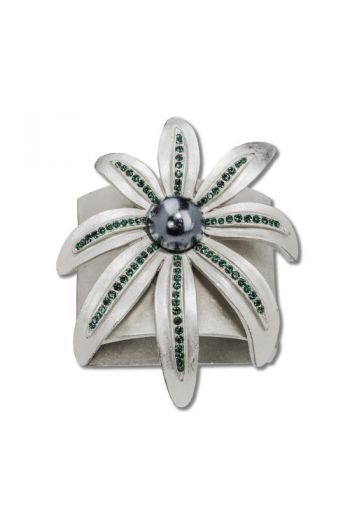 Matte Silver Wild Flower Napkin Ring with Green Crystals