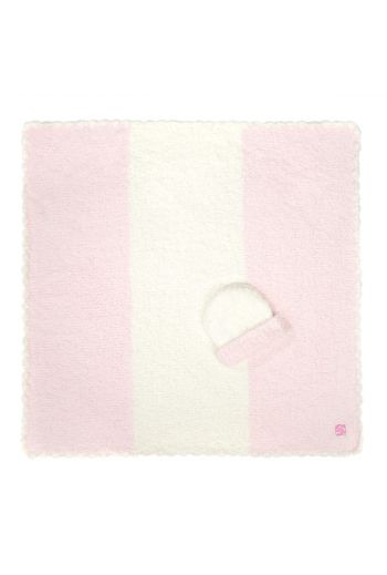 Kashwere Pink/Creme Center Stripe Baby Blanket With Pink/Creme Cap - 30" x 30"