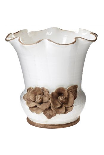Vietri Rustic Garden White Scalloped Planter With Flowers