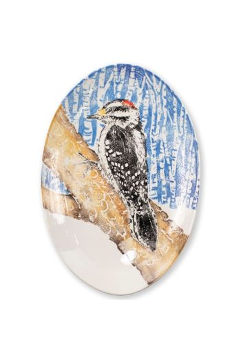 Into the Woods Woodpecker Shallow Oval Bowl